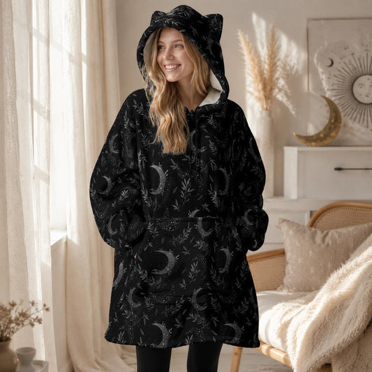 Moon Phase Cat Ear Hooded Wearable Blanket Hoodie