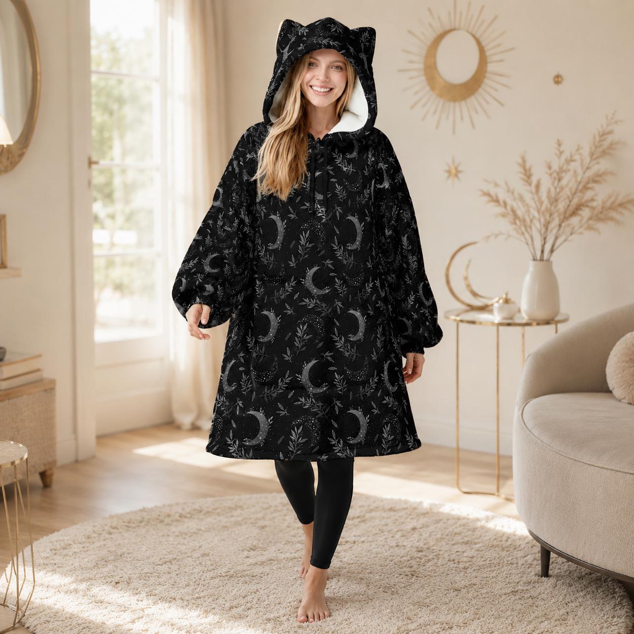 Moon Phase Cat Ear Hooded Wearable Blanket Hoodie