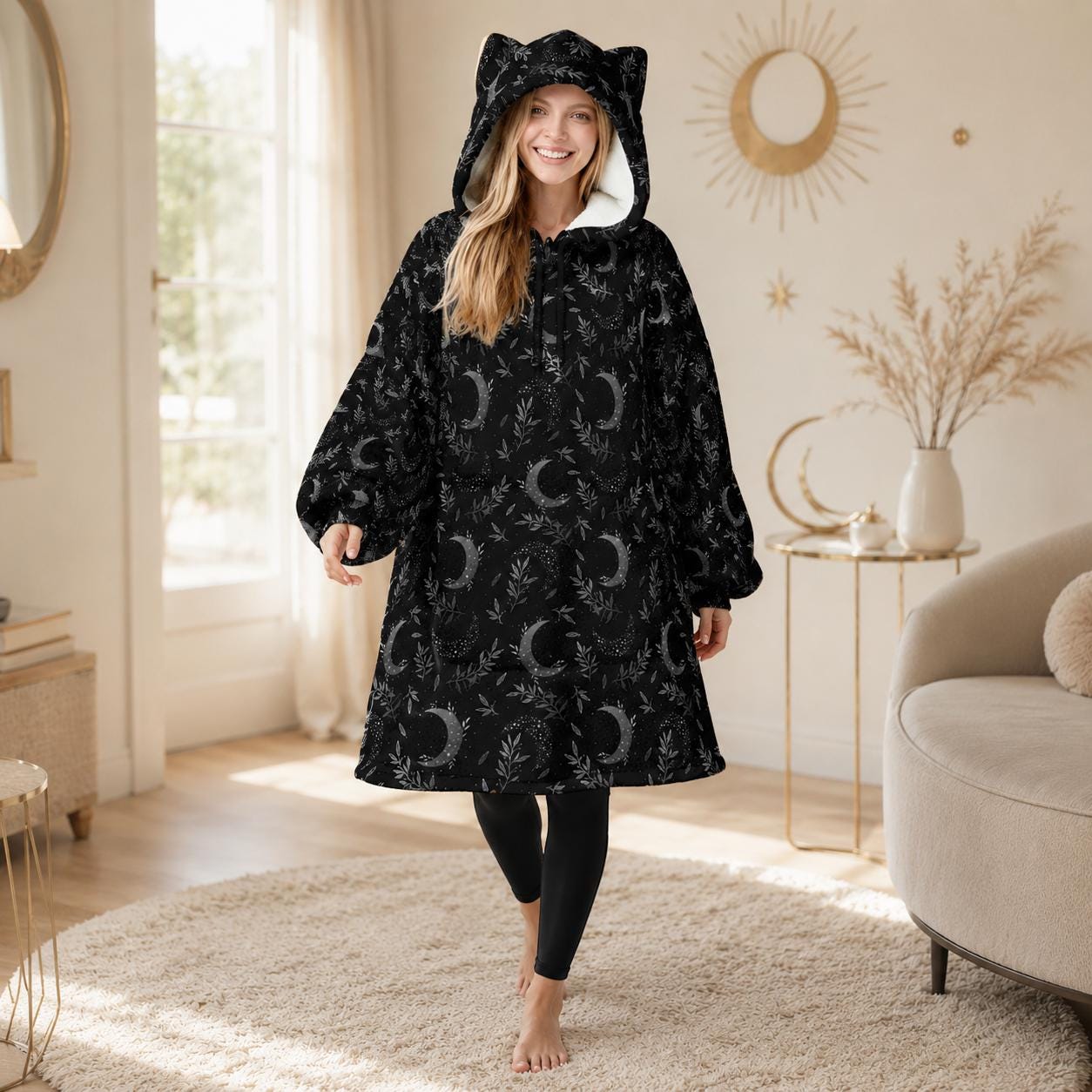 Moon Phase Cat Ear Hooded Wearable Blanket Hoodie