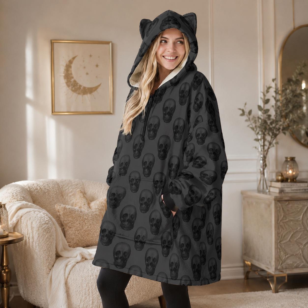 Skull Cat Ear Hooded Blanket, Oversized Cozy Wearable Lounge Hoodie for Halloween