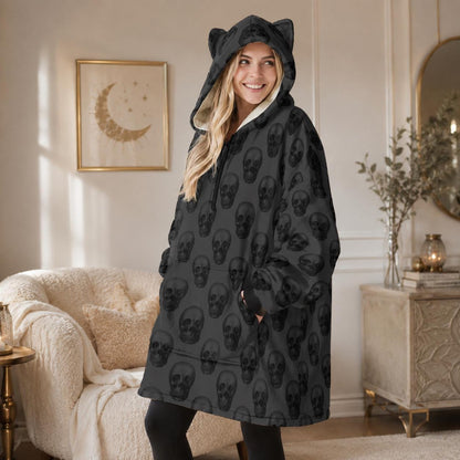 Skull Cat Ear Hooded Blanket, Oversized Cozy Wearable Lounge Hoodie