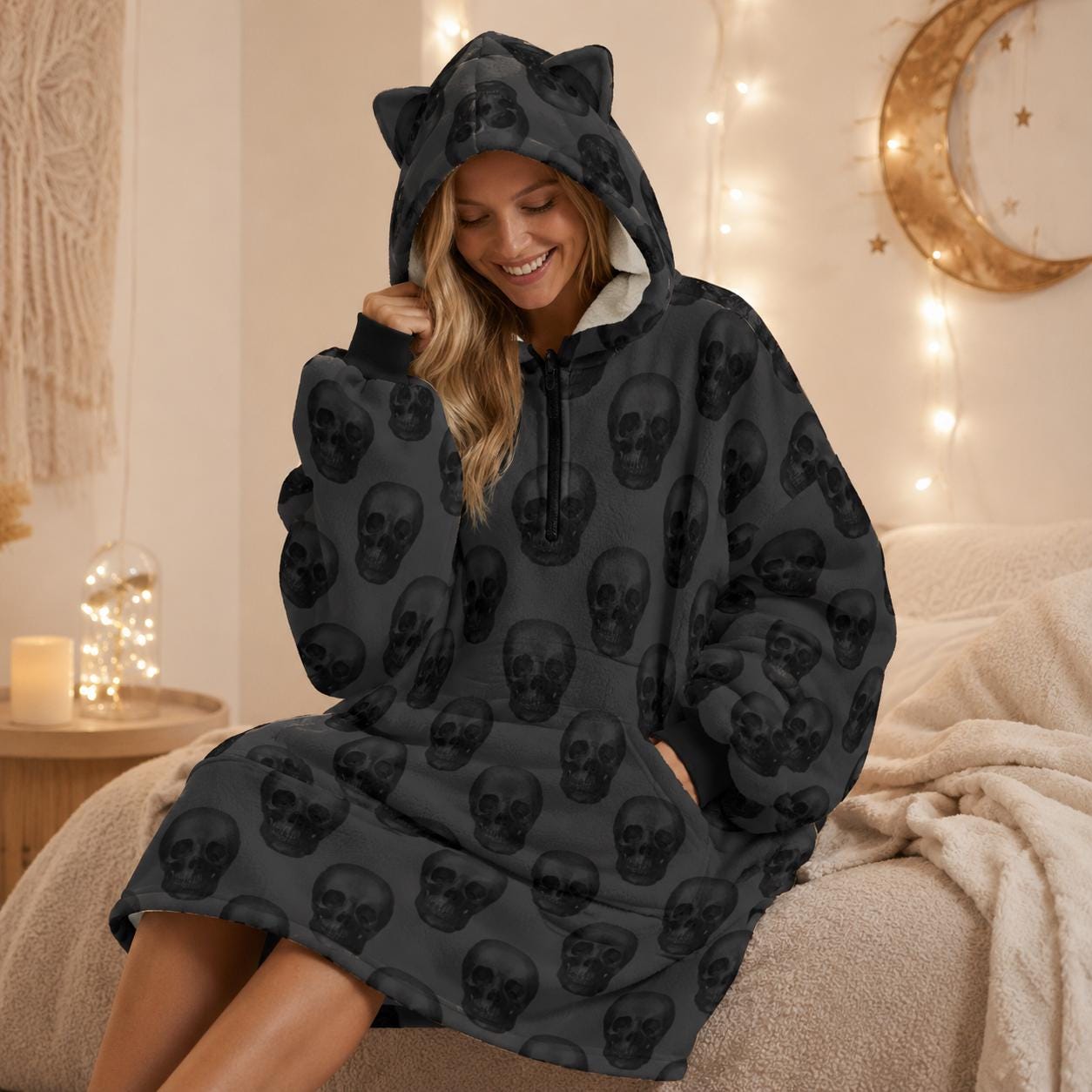 Skull Cat Ear Hooded Blanket, Oversized Cozy Wearable Lounge Hoodie for Halloween