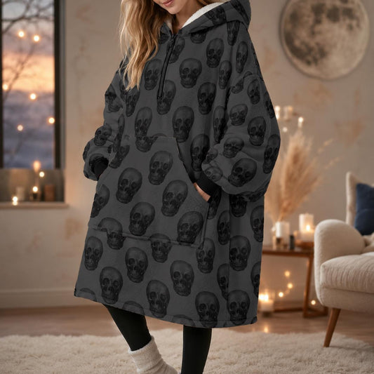 Skull Cat Ear Hooded Blanket, Oversized Cozy Wearable Lounge Hoodie for Halloween