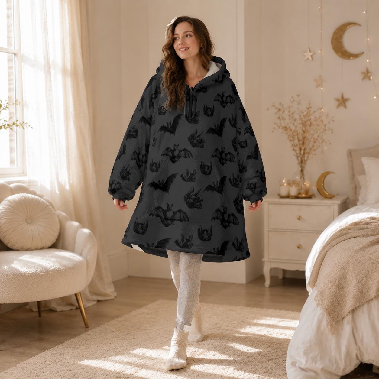 Bat hooded blanket, cat ear wearable hoodie, spooky lounge hoodie, charcoal Halloween snuggle gift