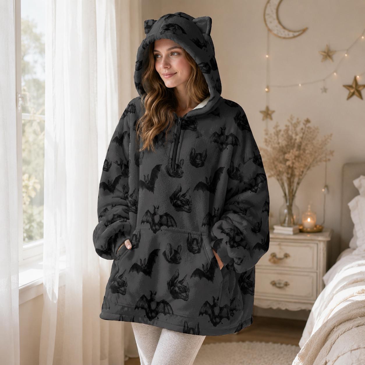 Bat hooded blanket, cat ear wearable hoodie, spooky lounge hoodie, charcoal Halloween snuggle gift