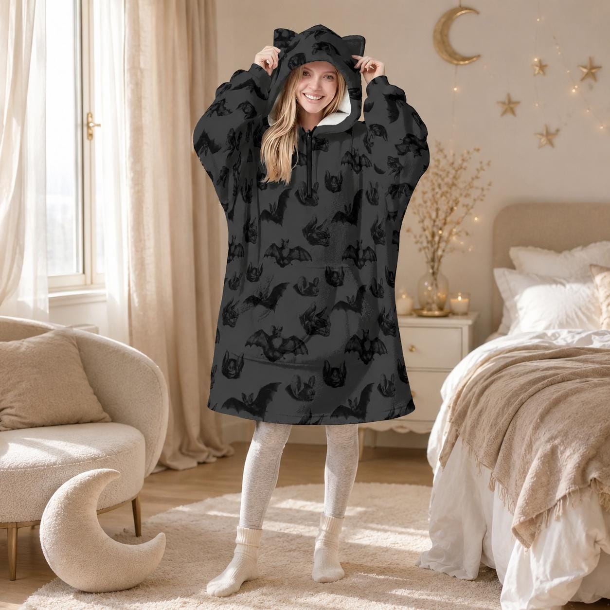 Bat hooded blanket, cat ear wearable hoodie, spooky lounge hoodie, charcoal Halloween snuggle gift