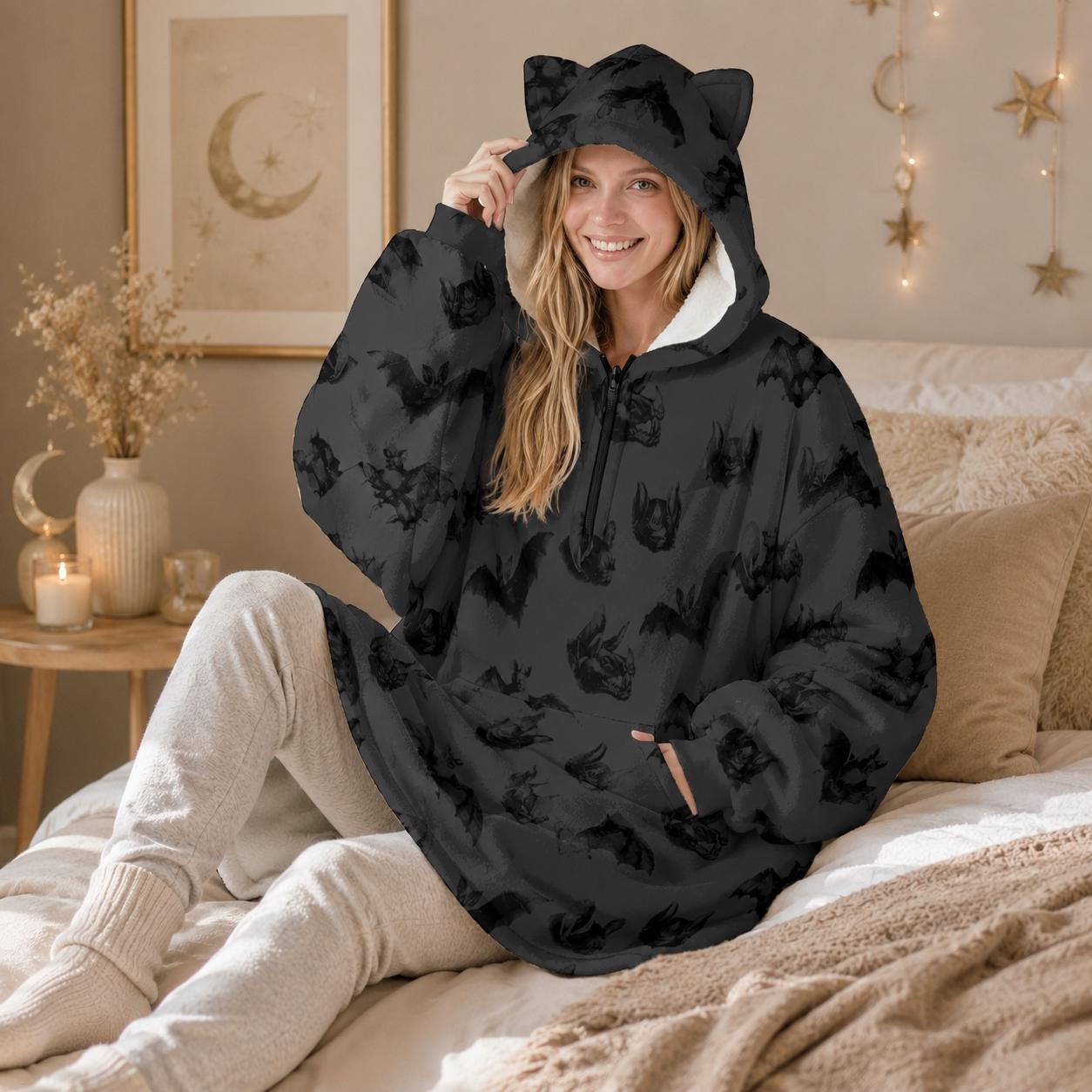 Bat hooded blanket, cat ear wearable hoodie, spooky lounge hoodie, charcoal Halloween snuggle gift