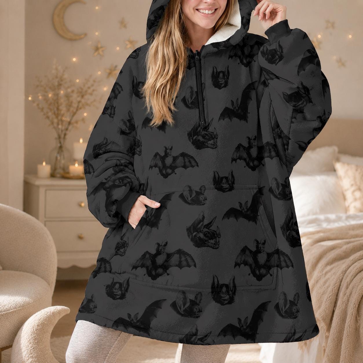 Bat hooded blanket, cat ear wearable hoodie, spooky lounge hoodie, charcoal Halloween snuggle gift