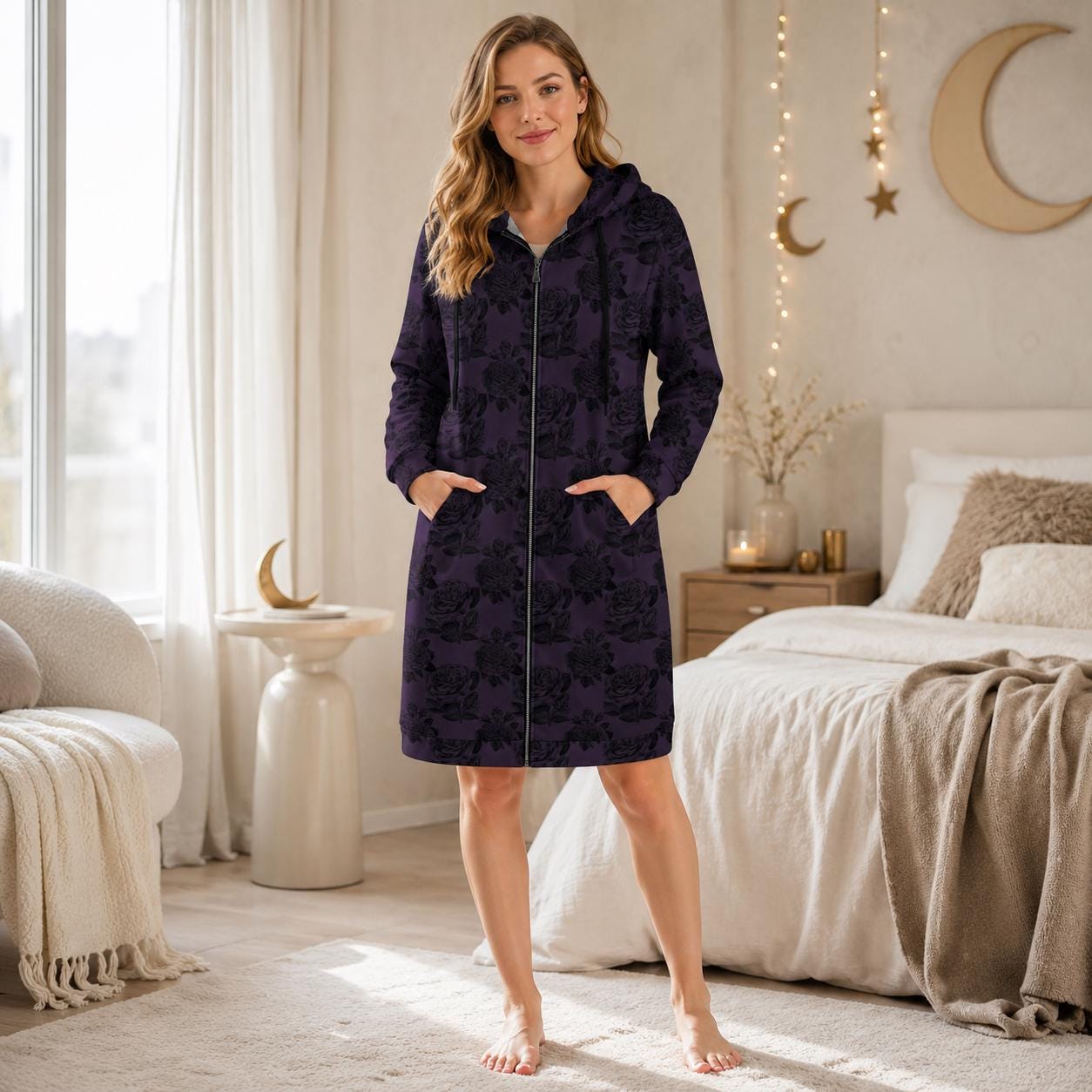 Black Rose Hooded Duster, Purple Floral Zip Cardigan, Romantic Goth Longline Jacket