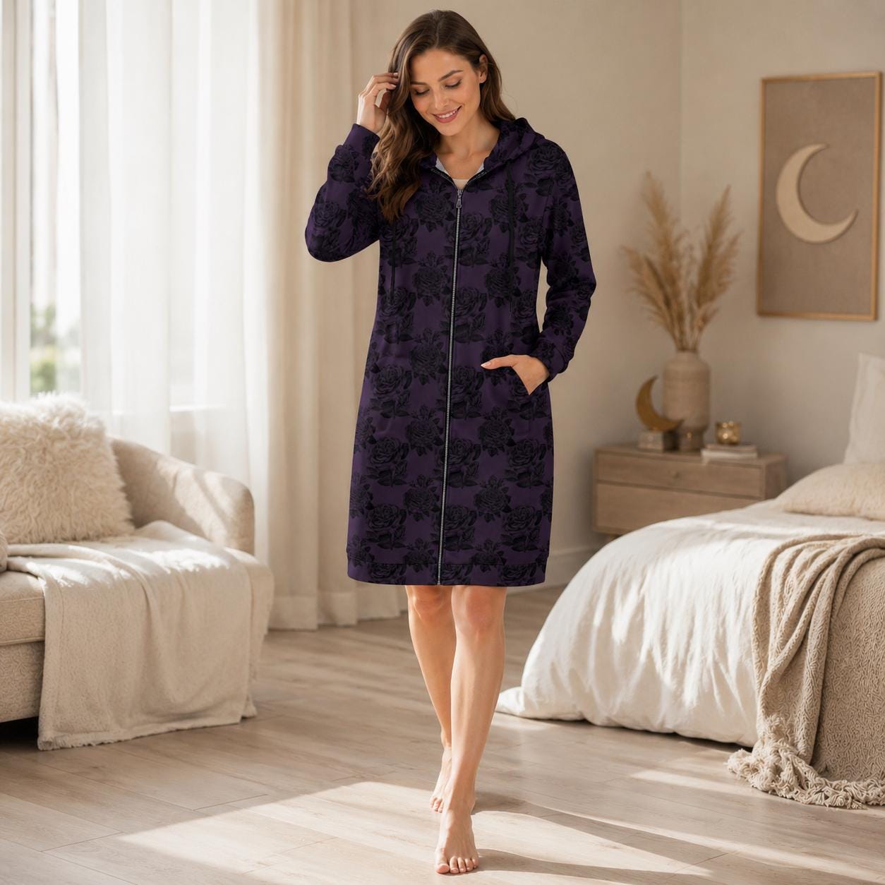 Black Rose Hooded Duster, Purple Floral Zip Cardigan, Romantic Goth Longline Jacket