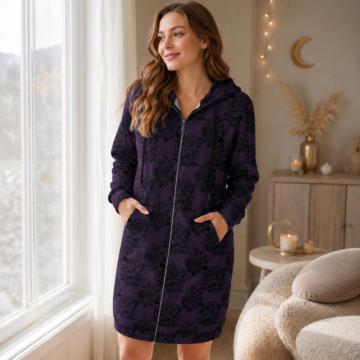 Black Rose Hooded Duster, Purple Floral Zip Cardigan, Romantic Goth Longline Jacket