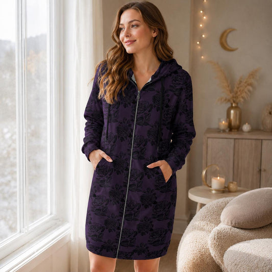 Black Rose Hooded Duster, Purple Floral Zip Cardigan, Romantic Goth Longline Jacket