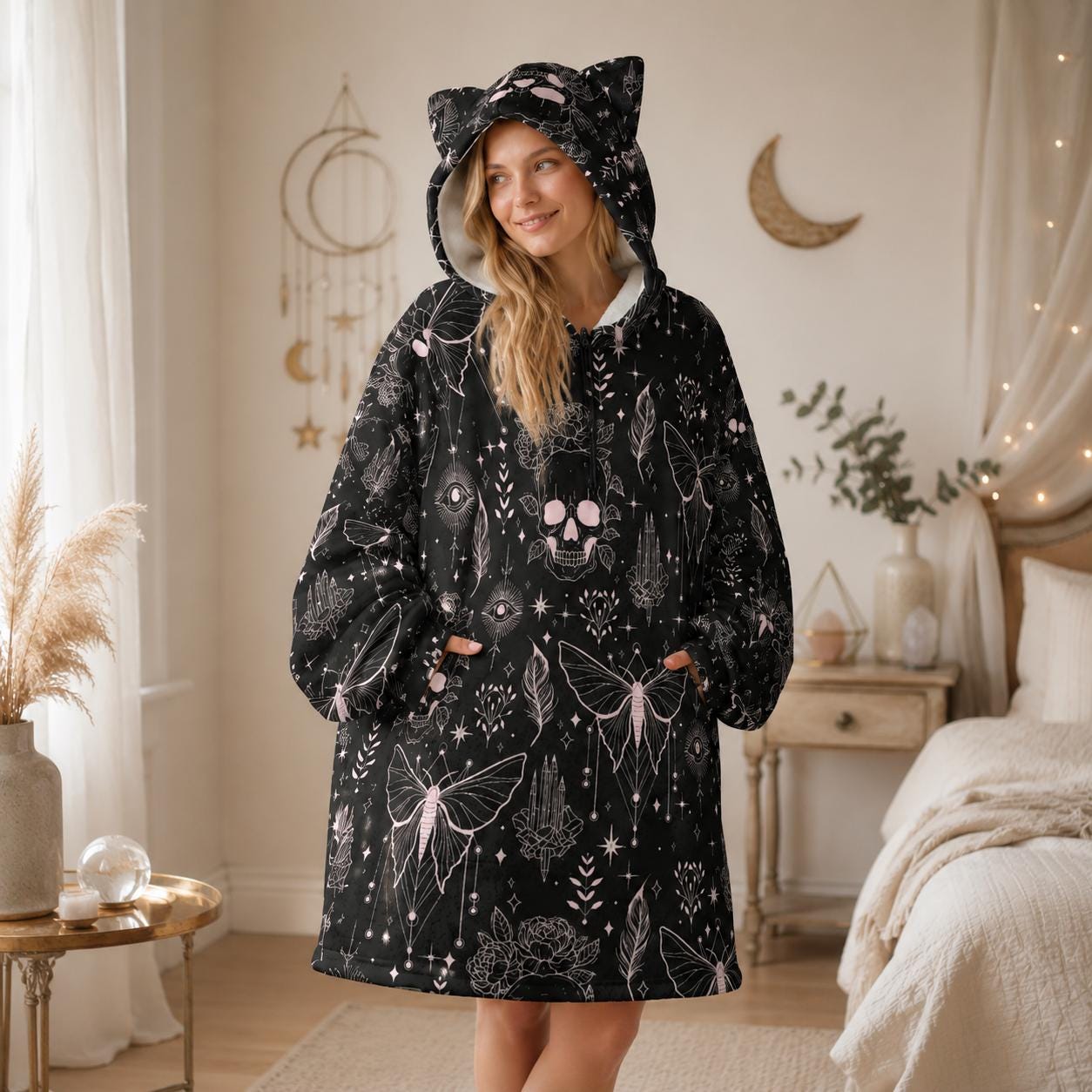 Hooded Blanket with Gothic Moth Skull Print, Oversized Wearable Blanket, Dark Cozy Gift