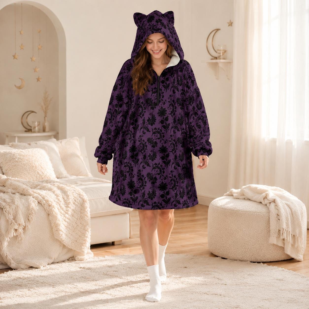 Purple Damask Hooded Blanket, Gothic Sherpa Lounge Hoodie, Cat Ear Cozy Gift
