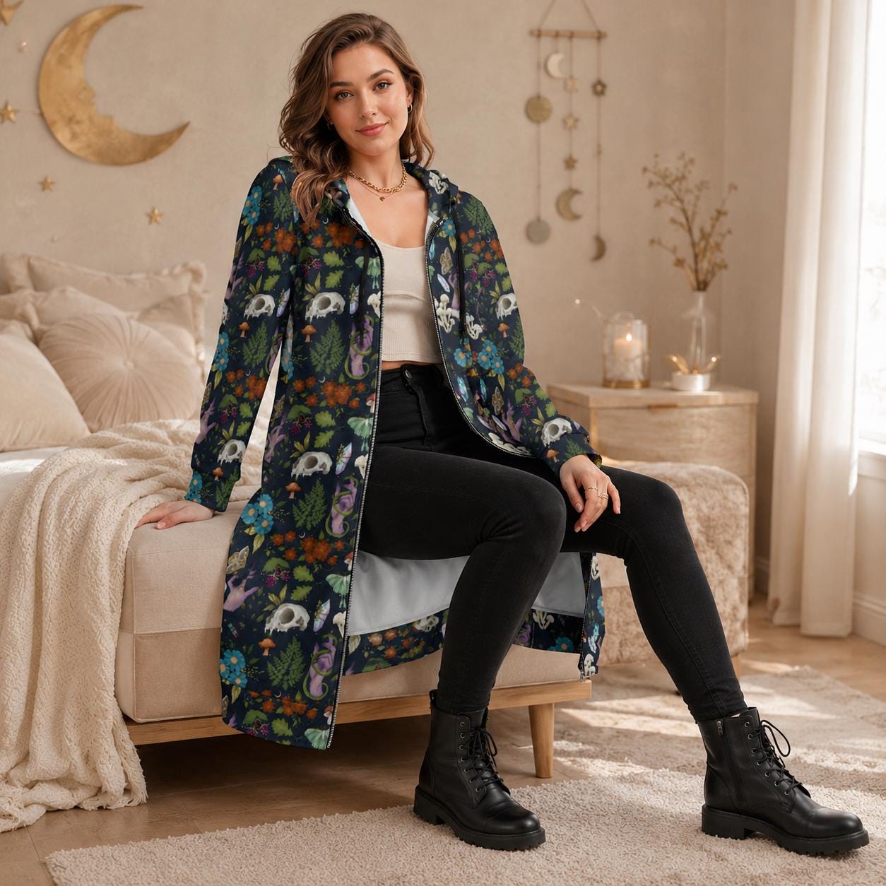 Forest Skull and Snake Print Long Zip Hoodie Coat, Moody Botanical Layer, Dark Woodland Fashion