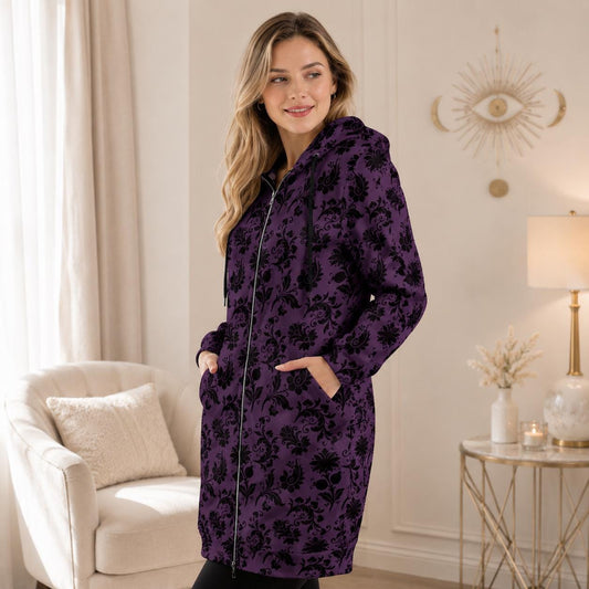 Purple damask longline zip coat, Victorian-inspired spooky floral outerwear for women, gothic streetwear