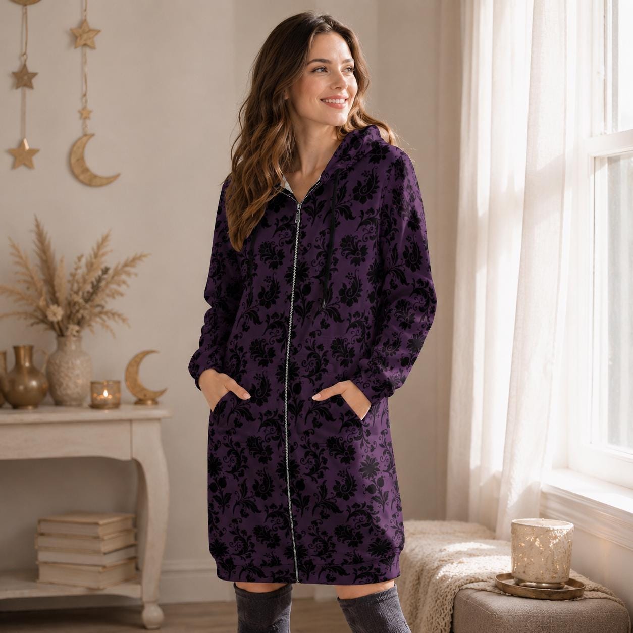 Purple damask longline zip coat, Victorian-inspired spooky floral outerwear for women, gothic streetwear