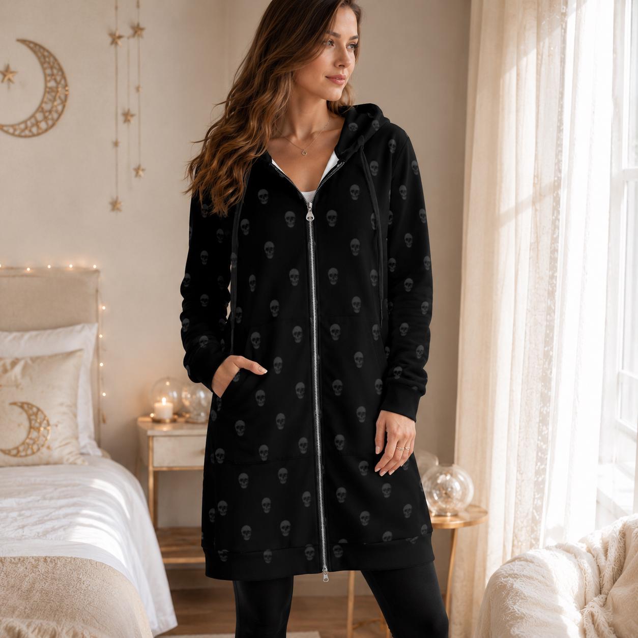Black Skull Hooded Cardigan, Long Zip Hoodie, Gothic Duster Jacket