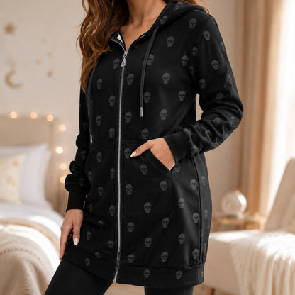 Black Skull Hooded Cardigan, Long Zip Hoodie, Gothic Duster Jacket