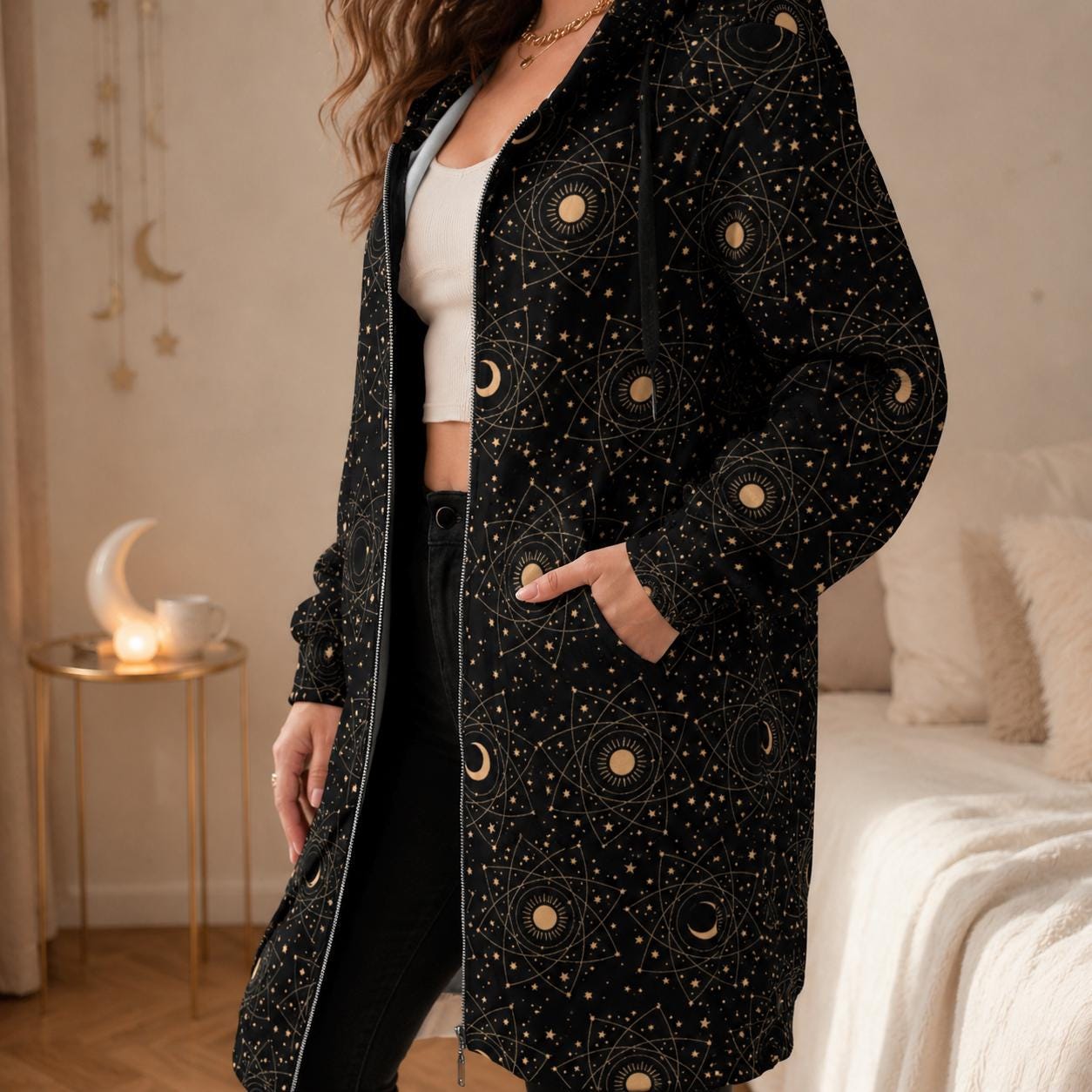 Celestial Moon Sun Hoodie Cardigan, Long Zip Hooded Coat, Witchy Star Print Outerwear for Women