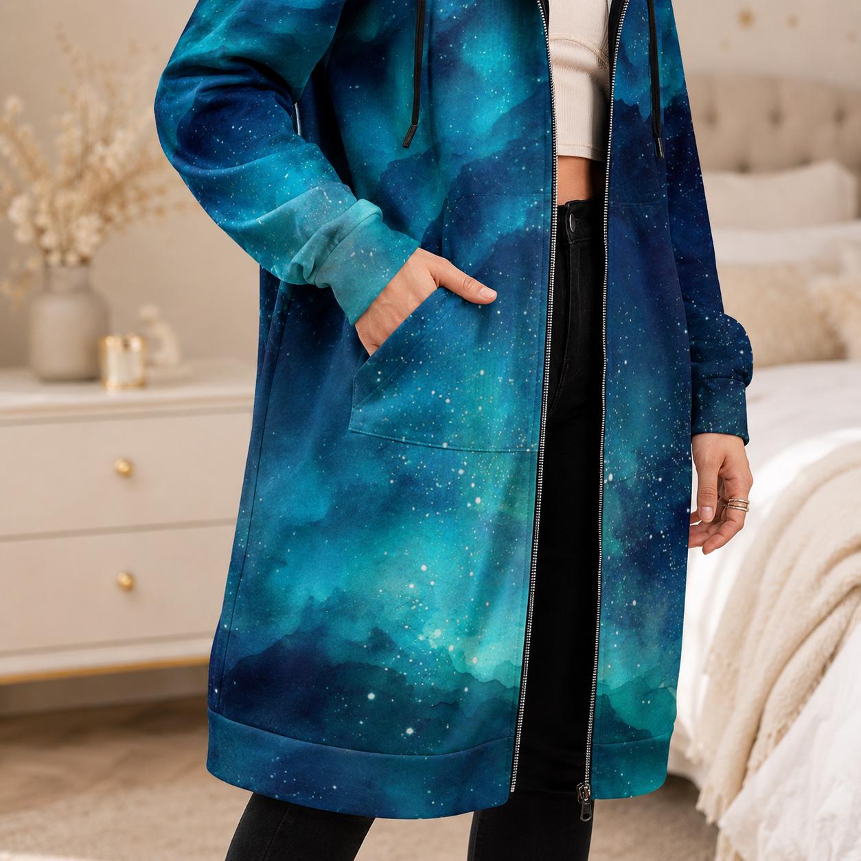 Blue galaxy hooded cardigan, long zip hoodie coat, watercolor star print outerwear