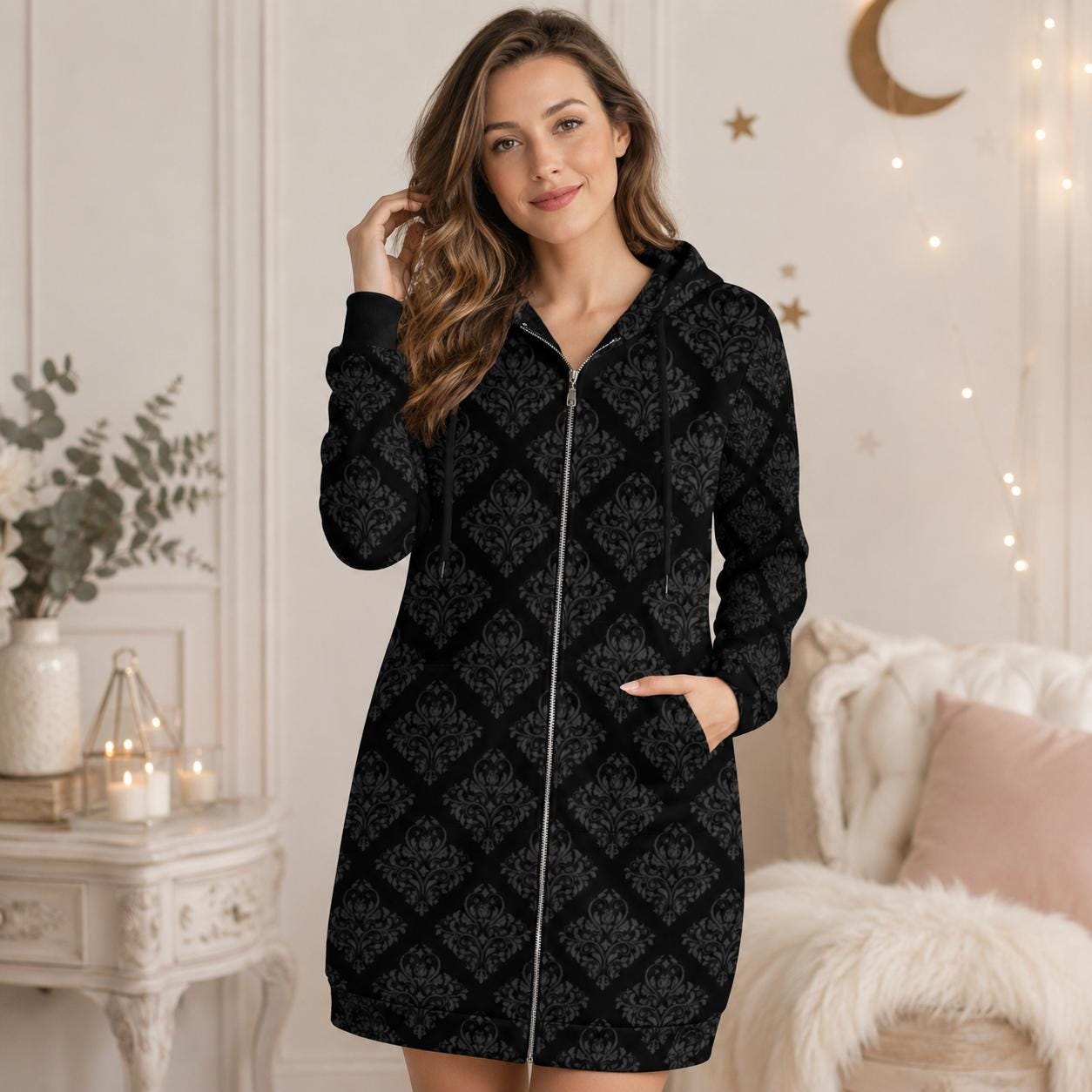 Damask Hooded Cardigan Black Baroque Longline Duster Coat for Women