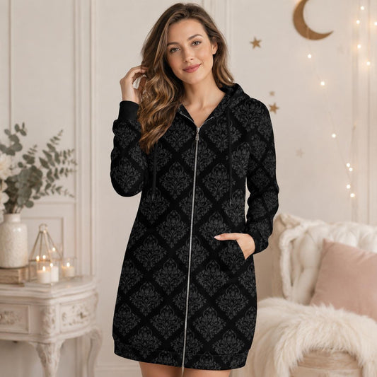 Damask Hooded Cardigan Black Baroque Longline Duster Coat for Women