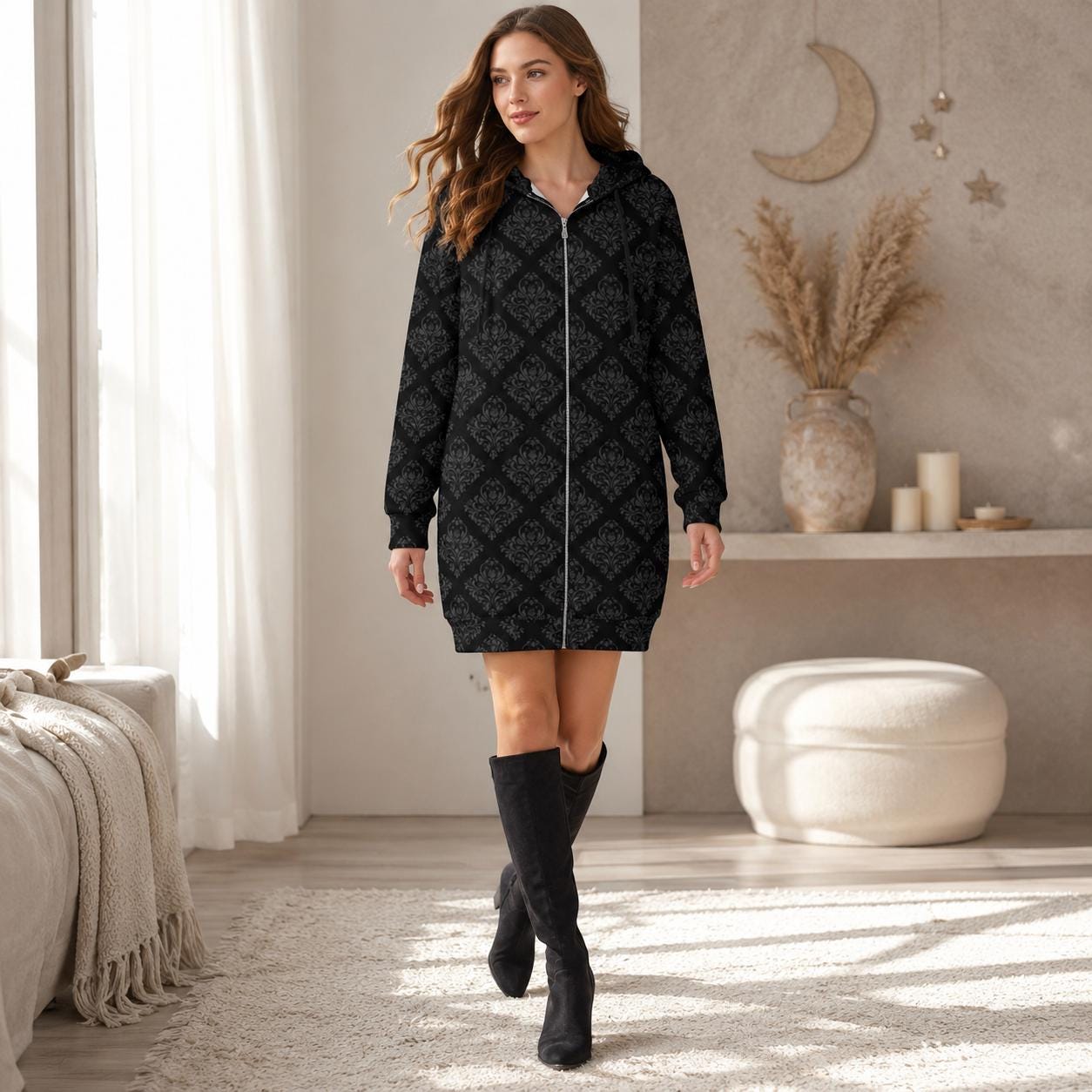Damask Hooded Cardigan Black Baroque Longline Duster Coat for Women