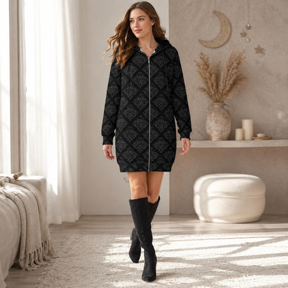 Damask Hooded Cardigan Black Baroque Longline Duster Coat for Women