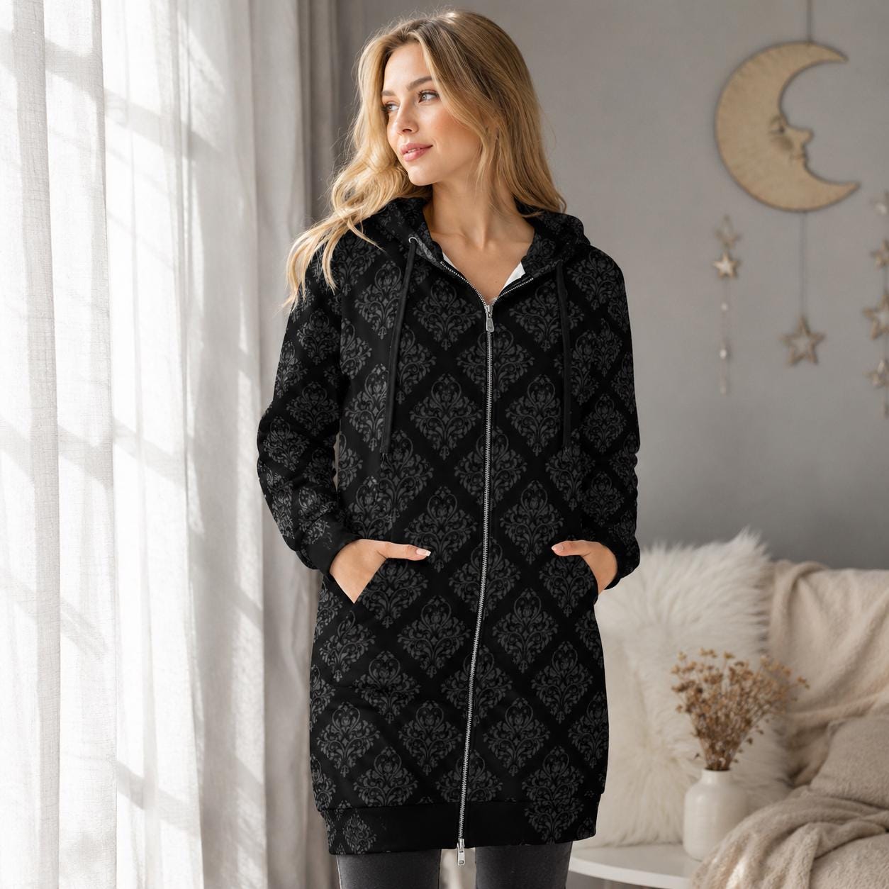 Damask Hooded Cardigan Black Baroque Longline Duster Coat for Women