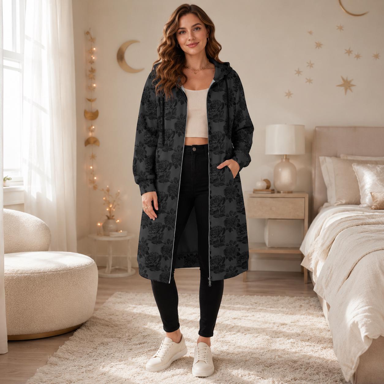 Black Rose Long Hooded Jacket, Dark Floral Zip Coat