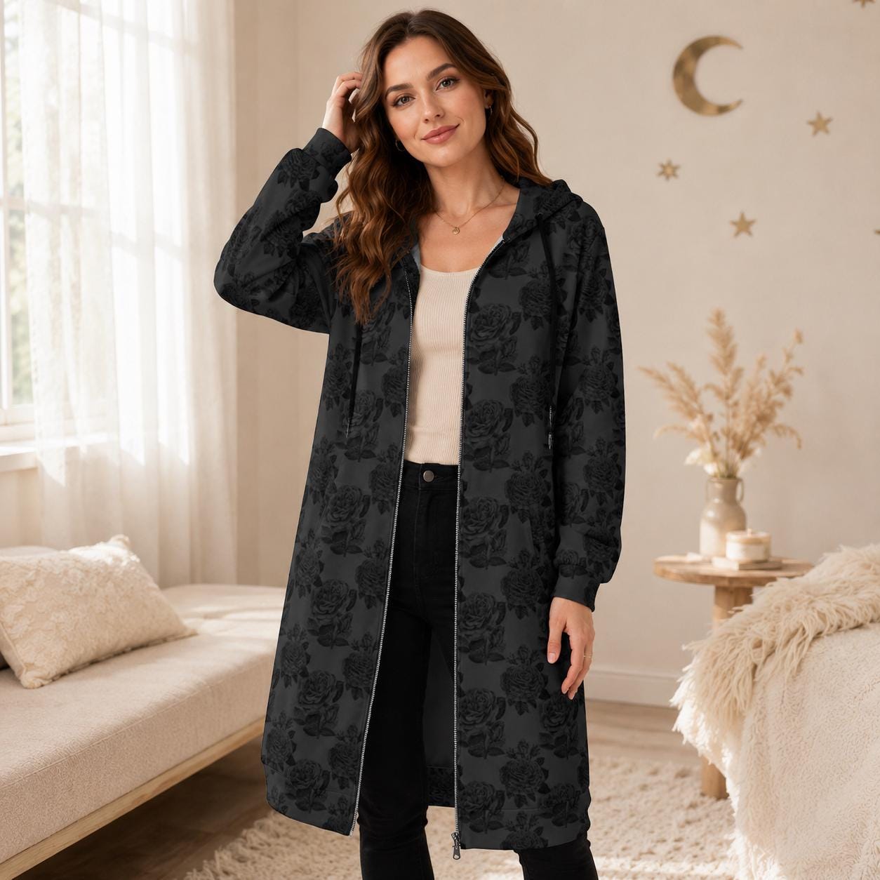 Black Rose Long Hooded Jacket, Dark Floral Zip Coat