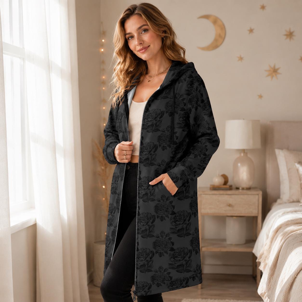 Black Rose Long Hooded Jacket, Dark Floral Zip Coat