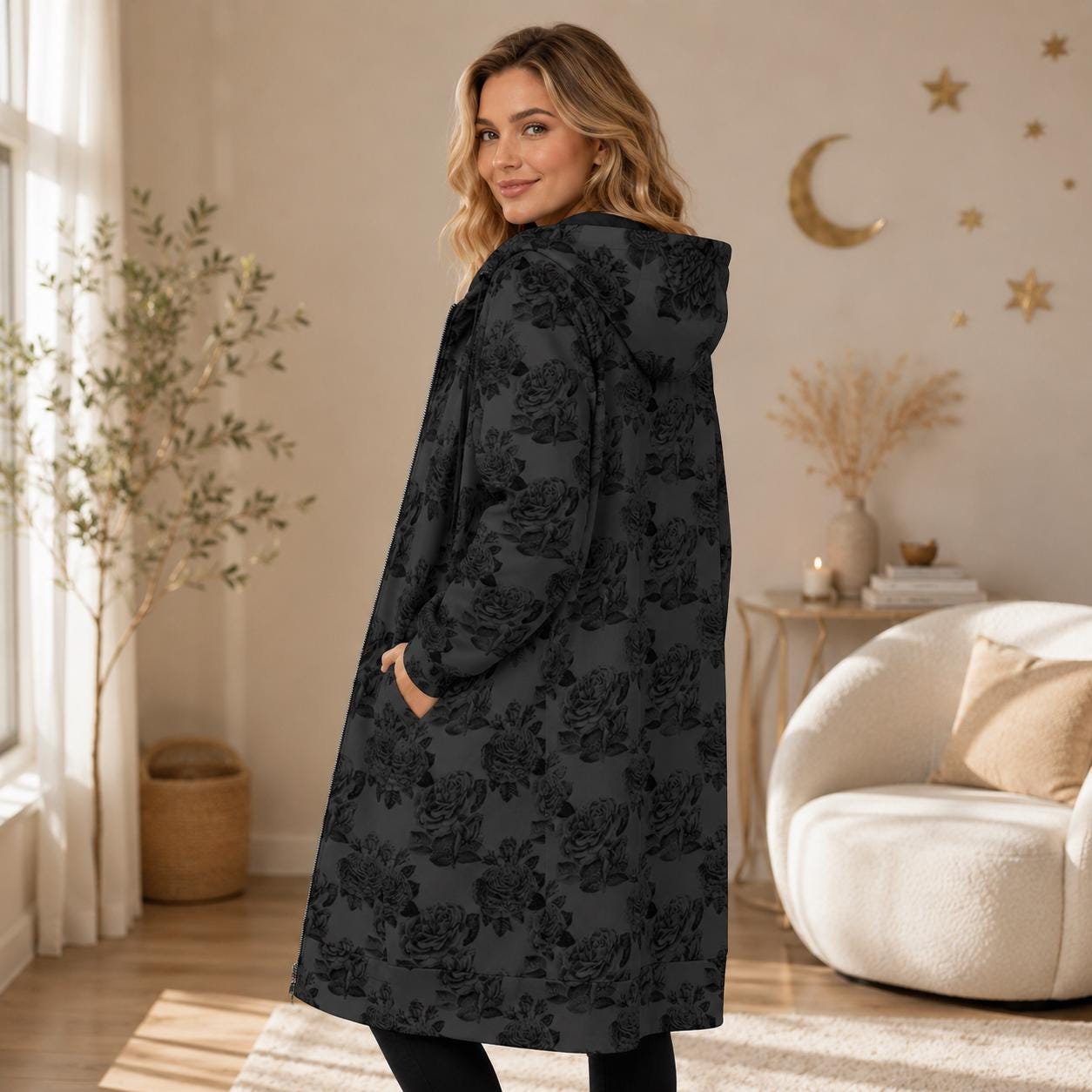 Black Rose Long Hooded Jacket, Dark Floral Zip Coat
