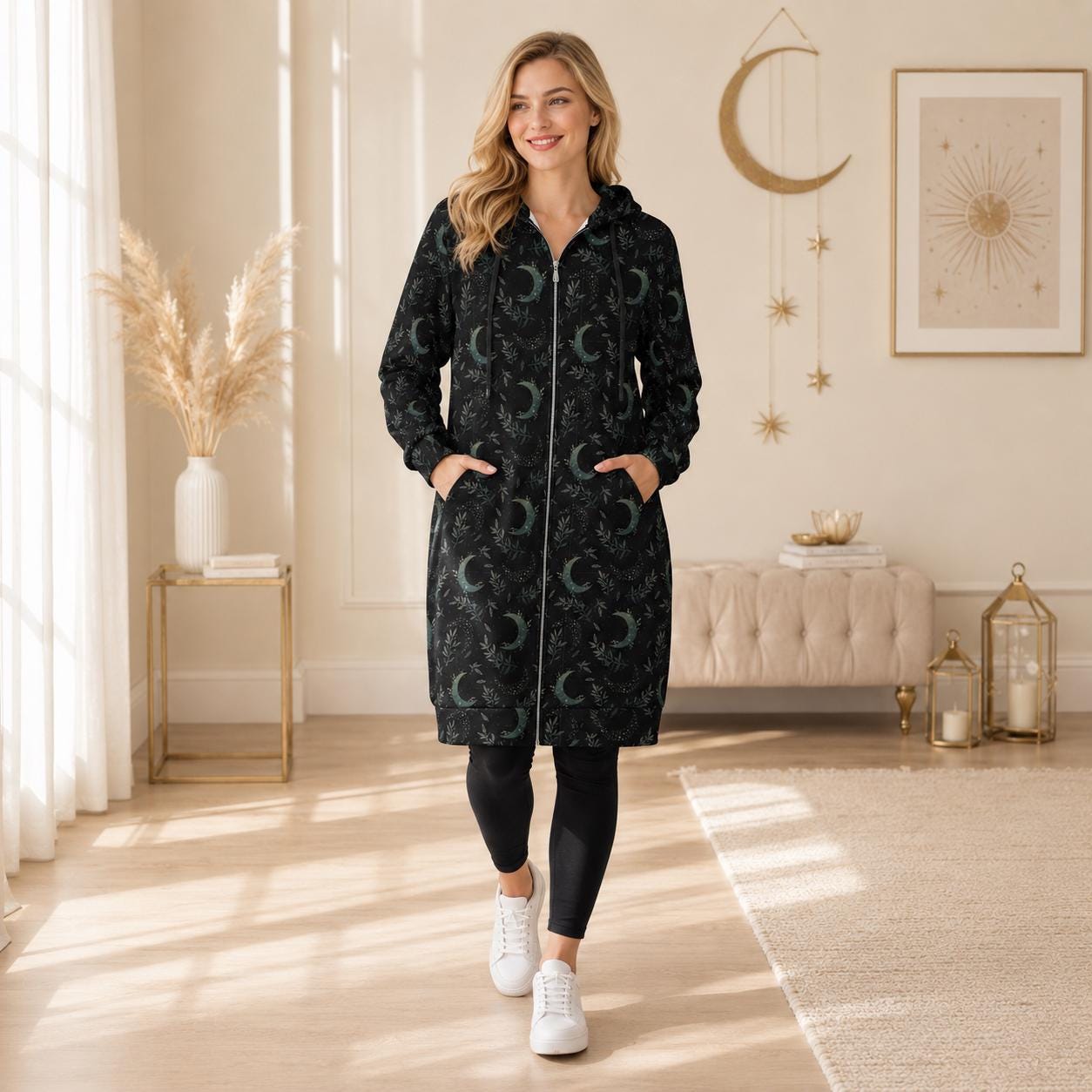 Moon and Stars Hooded Gothic Duster Cardigan with Celestial Print