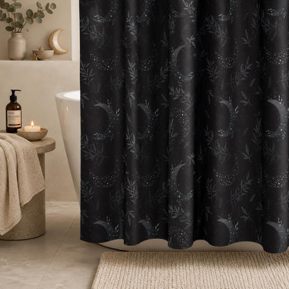 Celestial Shower Curtain, Crescent Moon Botanical Print, Dark Boho Bathroom Decor