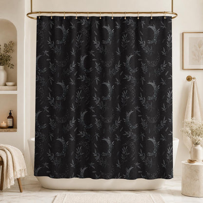 Celestial Shower Curtain, Crescent Moon Botanical Print, Dark Boho Bathroom Decor