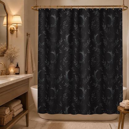 Celestial Shower Curtain, Crescent Moon Botanical Print, Dark Boho Bathroom Decor