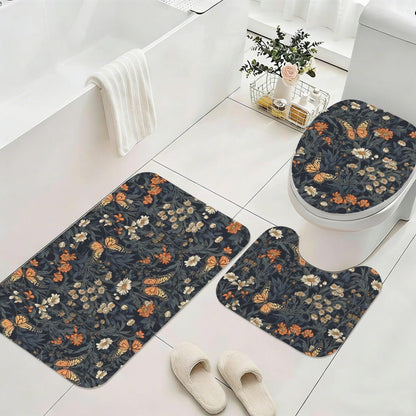 Monarch Butterfly Floral Shower Curtain, Dark Cottagecore Botanical Bath Decor