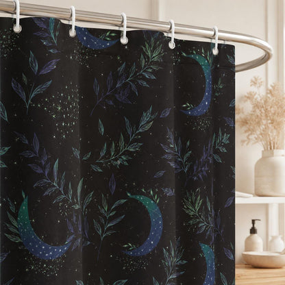 Celestial Shower Curtain, Moody Crescent Moon Botanical Bathroom Decor