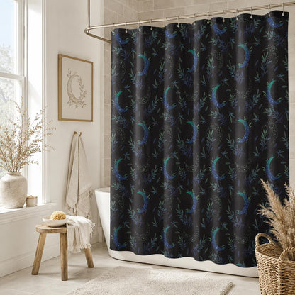 Celestial Shower Curtain, Moody Crescent Moon Botanical Bathroom Decor