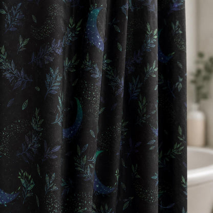 Celestial Shower Curtain, Moody Crescent Moon Botanical Bathroom Decor