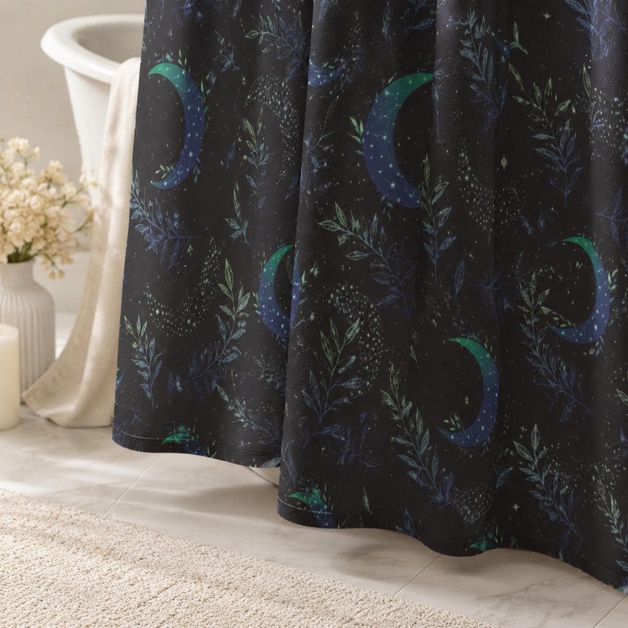 Celestial Shower Curtain, Moody Crescent Moon Botanical Bathroom Decor