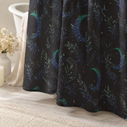 Celestial Shower Curtain, Moody Crescent Moon Botanical Bathroom Decor