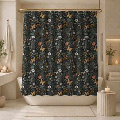Dark Floral Butterfly Shower Curtain, Moody Botanical Wildflower Bath Decor