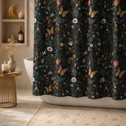 Dark Floral Butterfly Shower Curtain, Moody Botanical Wildflower Bath Decor