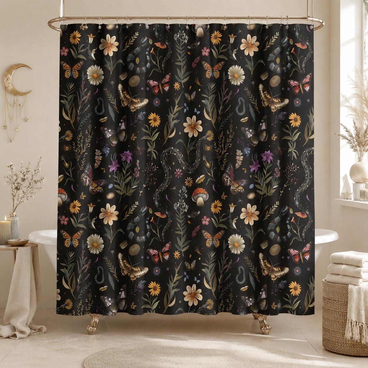 Snake Butterfly Shower Curtain, Dark Woodland Floral Bath Decor