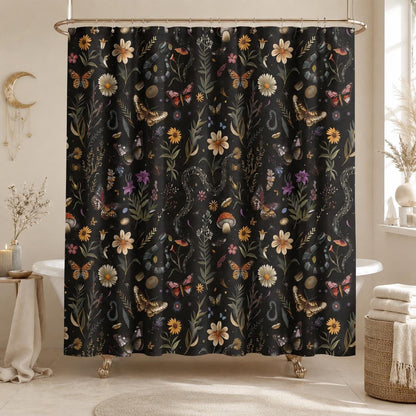 Snake Butterfly Shower Curtain, Dark Woodland Floral Bath Decor