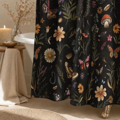 Snake Butterfly Shower Curtain, Dark Woodland Floral Bath Decor