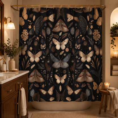 Moth Botanical Shower Curtain, Dark Cottagecore Butterfly Bath Decor